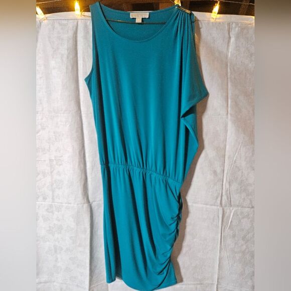Michael‎ Kors Women's Tile Blue Ruched Blouson Dress Size medium euc - Picture 1 of 5